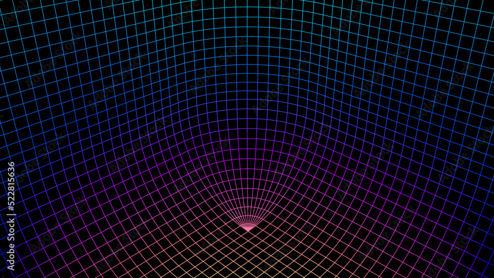 Aufkleber Geometric grid background with neon colored 80s styled mesh. Synthwave or retrowave abstract background with retro computer grid.