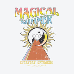 Magical summer, everyday optimism, Mystic Vibe slogan print with sun and yin yang symbol illustration for t-shirt prints, posters and other uses.Cosmic Love slogan with mystical Fashion  illustration