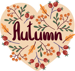 Poster template autumn lettering, postcard with leaves and autumn berries. Cartoon vector illustration.