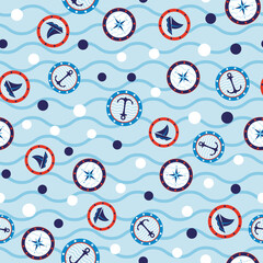 geometric seamless pattern of sailing icons with blue dots and waves.