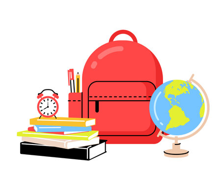 Back to school vector illustration with school tools. Globe, books, backpack and clock