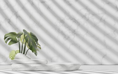Fototapeta na wymiar Beautiful minimalistic white rock stone podium display for modern luxury product presentation, minimal abstract design, with plants, and leaf shadows, 3d render