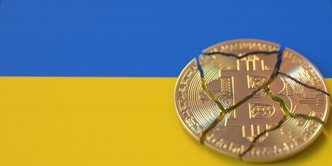 Flag of Ukraine and broken bitcoin. Cryptocurrency ban or crypto legal issues concepts, 3d rendering