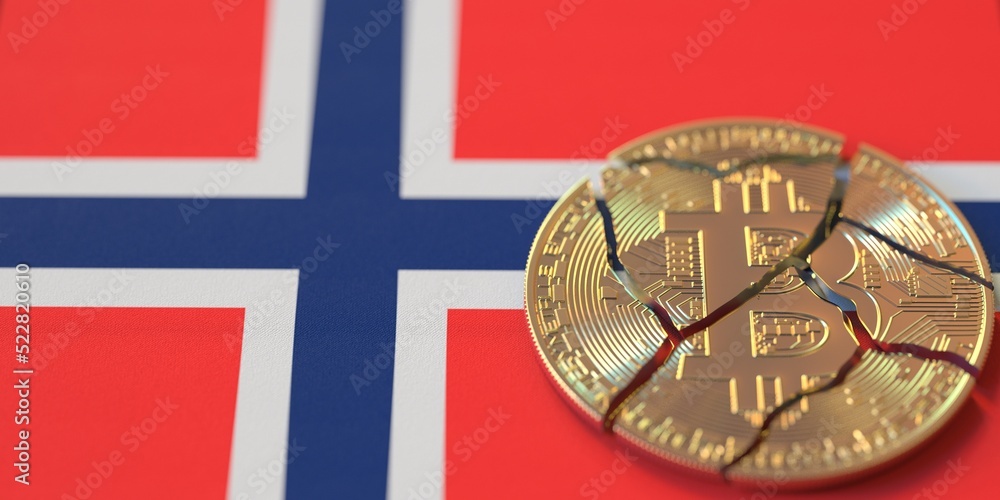 Poster broken bitcoin on the flag of norway. legal issues and cryptocurrency regulations problems concepts,