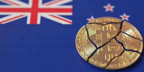 Broken bitcoin on the flag of New Zealand. Legal issues and cryptocurrency regulations problems concepts, 3d rendering