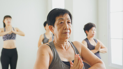 Group Senior Asian woman workout exercise and practice yoga together at gym, wellness senior concept