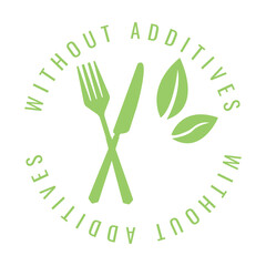 Without additives. Organic food. Green Healthy Organic Natural Eco Bio Food Products Label Stamp with spoon.