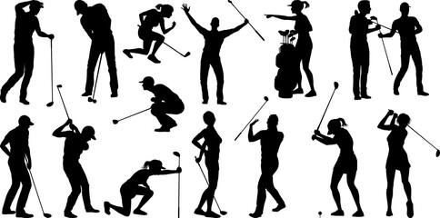 A set of golfer sports people playing golf in various poses