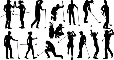A set of golfer sports people playing golf in various poses