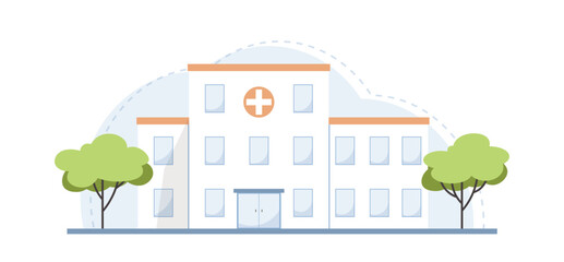 City hospital. Building city clinic. Medical center. Concept healthcare and emergency care. Vector illustration in flat style on white background.