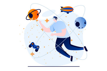 Metaverse concept with people scene in flat cartoon design. Man in VR headset interacts in virtual simulation with planets and explores cosmos in cyberspace. Illustration visual story for web
