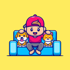 Cute Boy With Dog And Cat Cartoon Vector Icon Illustration. 
People Animal Icon Concept Isolated Premium Vector. Flat 
Cartoon Style