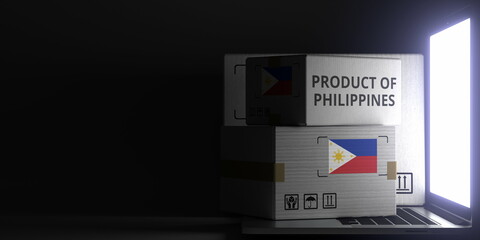 Cartons with PRODUCT OF PHILIPPINES text and flag on the laptop, black background. 3D rendering