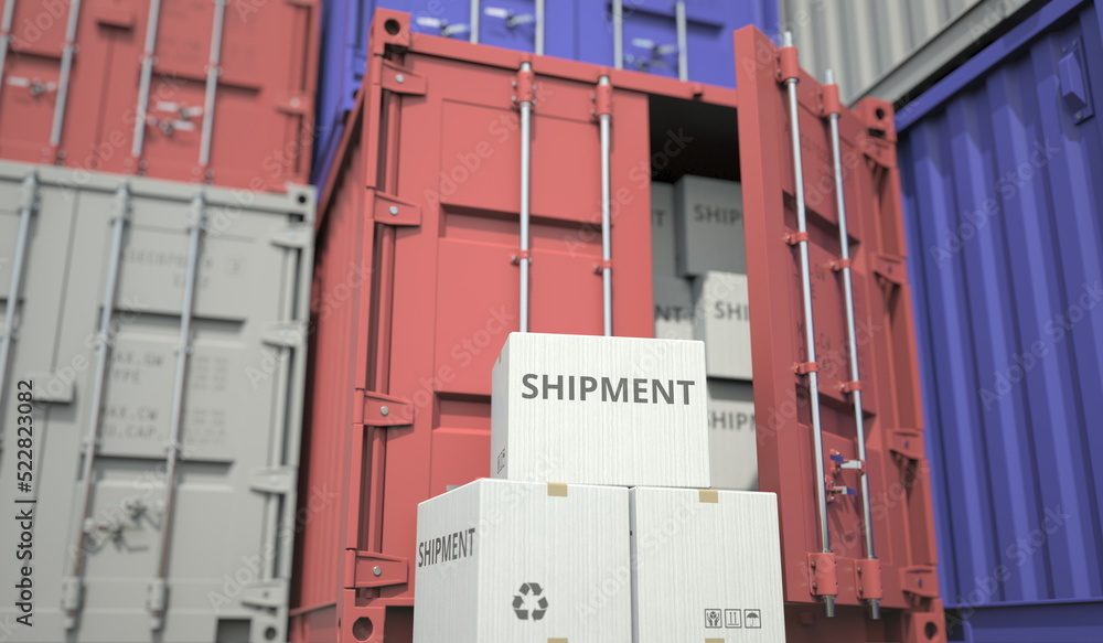 Aufkleber boxes with shipment text and cargo containers. transportation related conceptual 3d rendering