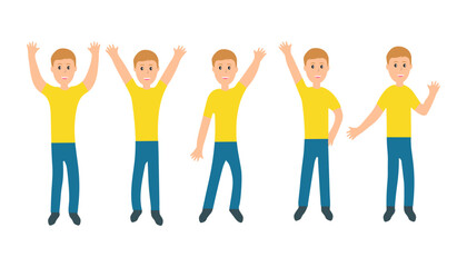 Fototapeta premium Set of men dressed in yellow shirt and blue pants in different poses