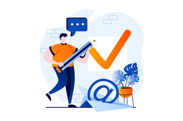 Online survey concept with people scene in flat cartoon design. Man thinks and answers questions of online questionnaire by ticking off his answers in form. Illustration visual story for web