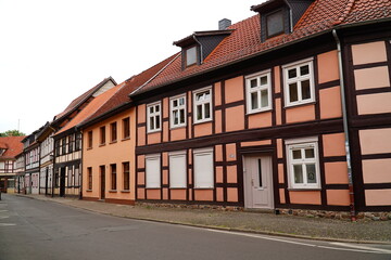 Fototapeta na wymiar Details of typical German facades of half timbered houses in Salzwedel, Altmark, Saxony Anhalt, Germany, Europe