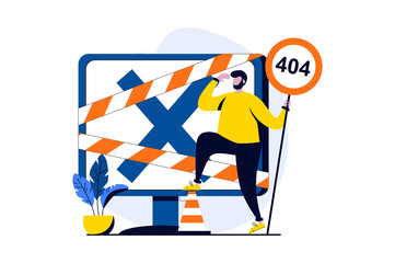 Page not found concept with people scene in flat cartoon design. Man works in technical support for websites and repairing and fixing problems and 404 errors. Illustration visual story for web