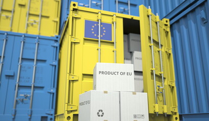 Cartons with goods from the European Union and shipping containers in the port terminal or warehouse. EU production related conceptual 3D rendering