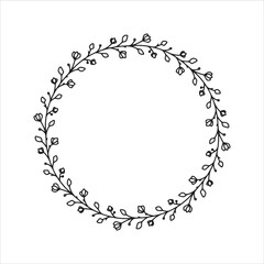 Vector hand drawn spring wreath isolated on white background. Outline circle of leaves. Doodle style. Floral frame.