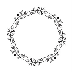 Vector hand drawn spring wreath isolated on white background. Outline circle of leaves. Doodle style. Floral frame.