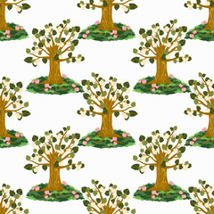 Vector - appletrees with fallen fruits seamless pattern.