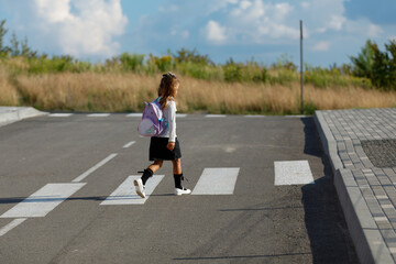 schoolgirl crosses the road at a pedestrian crossing
