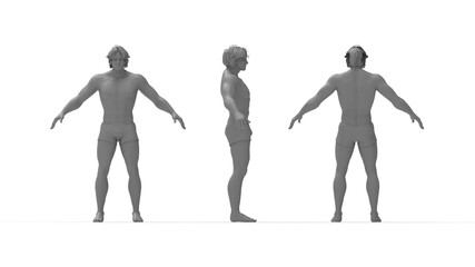 3D rendering of a sporty underwear posing masculine man human standing and posing in multiple views. Confidence inspired healthy fitness animation render. Isolated in empty white space background