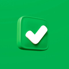 Check mark icon isolated over green background. 3D rendering.