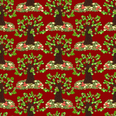 Vector - appletrees with fallen fruits seamless pattern.