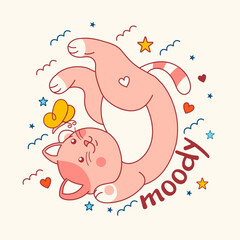 Naughty cute funny kitten. Isolated on white. Used as t shirt print, tee design concept, Doodle cartoon korean style. Adorable Character vector illustration.