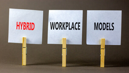 Hybrid workplace models and support symbol. Concept words Hybrid workplace models on white paper on clothespins. Beautiful grey background. Business Hybrid workplace models quote concept. Copy space