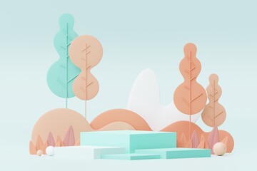 Abstract Pastel of nature, flowers leaves and tree plants with Podium stand platform. Cute Cartoon natural landscape background. Scene of spring colorful plants with minimal design. 3D Render.