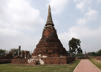 Old Buddha at Old Beautiful Thai Temple Wat Mahathat at Ayutthaya, Ayutthaya Historical Park of Thailand