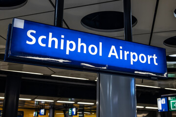 Schiphol airport sign at the indoor railway station 