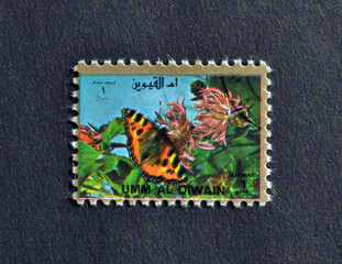 Umm al-Qiwain - circa 1972 : Cancelled postage stamp printed by Umm al-Qiwain, that shows...