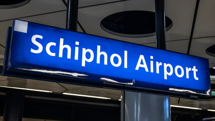 Schiphol airport sign at the indoor railway station