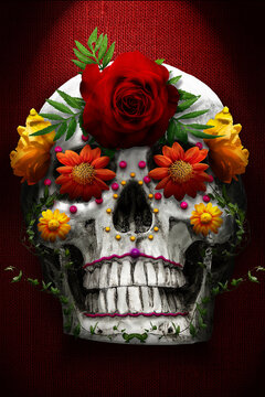 Calavera de azúcar, cráneo con flores en fondo de tela