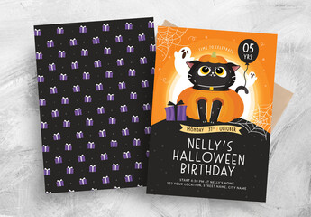 Halloween Birthday Flyer with Cat in Pumpkin Illustration