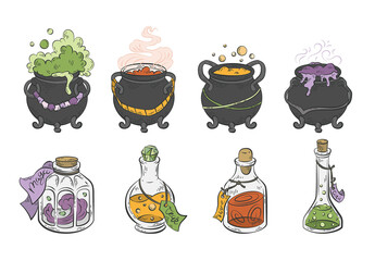 Magic Potion Spell Jars Witch Cauldron Halloween Vector Clipart