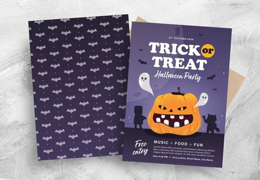 Halloween Trick or Treat Flyer Poster with Grinning Pumpkin