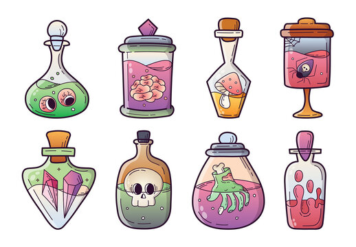 Magic Potion Poison Bottles Witchcraft Halloween Spell Jars Clipart Illustration