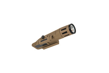 Modern LED flashlight with weapon mount. Underbarrel tactical flashlight isolate on white back.