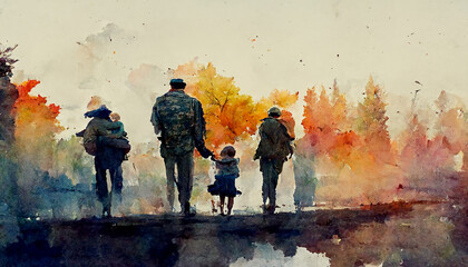 Abstract watercolor military veteran returns, generative ai - obrazy, fototapety, plakaty