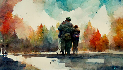 Watercolor military veteran reunites with family, created with generative ai - obrazy, fototapety, plakaty