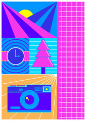 colorful geometric posters (camera, tree, watch, and mountain) for print out aesthetic wall decoration