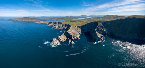 panorama landscape view of the Kerry Cliffs and Iveragh Peninsula in County Kerry of Ireland