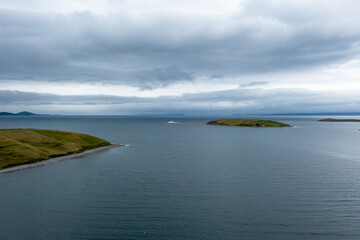 Clew Bay landscape with the Clare Island Lighthouse and sunken drumlin in the distance