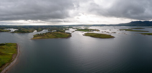 panorama landscape of Rosmoney Pier and marina and the drumlin islands of Clew Bay