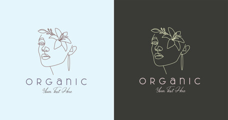 Flowers head woman face line art drawing feminine line logo vector illustration